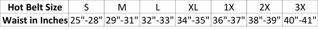 hot belt sizing chart