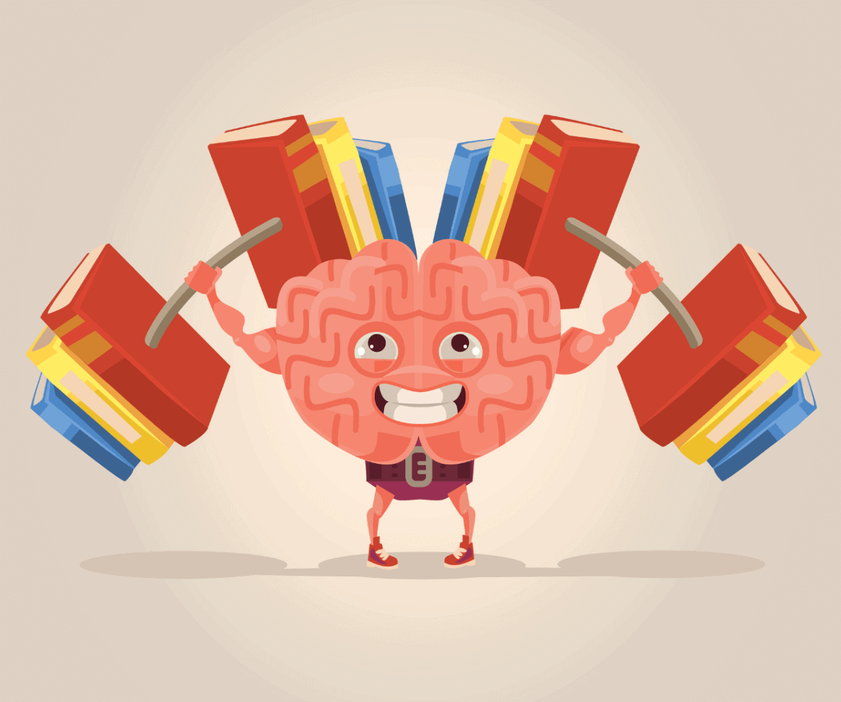 Graphic depicting a brain as a bodybuilder lifting a barbell over it's head made of books